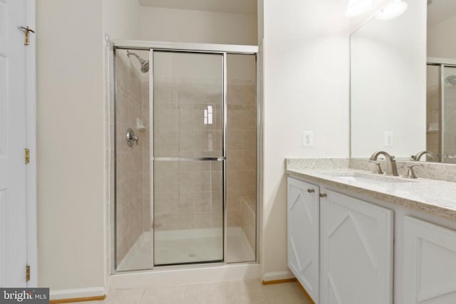 5910 Carnifex Ferry Rd W, Fredericksburg, VA 22407 - bathroom featuring vanity, a stall shower, tile patterned flooring, and baseboards