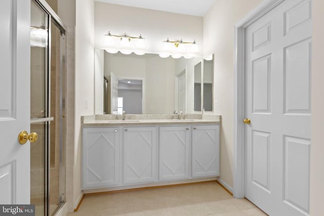5910 Carnifex Ferry Rd W, Fredericksburg, VA 22407 - full bathroom with double vanity, a stall shower, tile patterned flooring, and baseboards