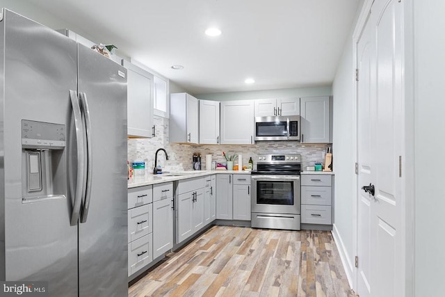 kitchen with a sink, stainless steel appliances, light wood-type flooring, backsplash, and light countertops