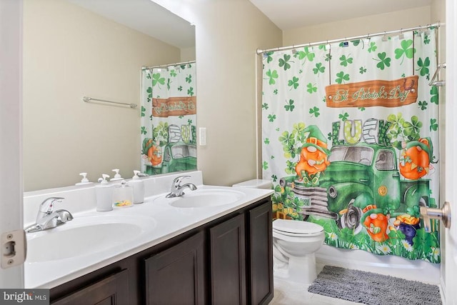 full bath with double vanity, toilet, shower / bathtub combination with curtain, and a sink