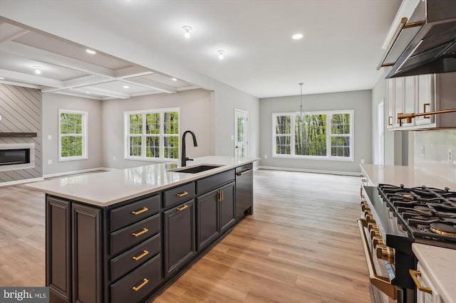  - kitchen with a sink, open floor plan, under cabinet range hood, stainless steel appliances, and light countertops