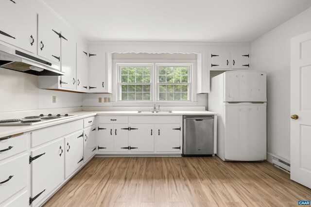 7928 Howardsville Rd, Scottsville, VA 24562 - kitchen with white appliances, light wood-style flooring, light countertops, and white cabinetry