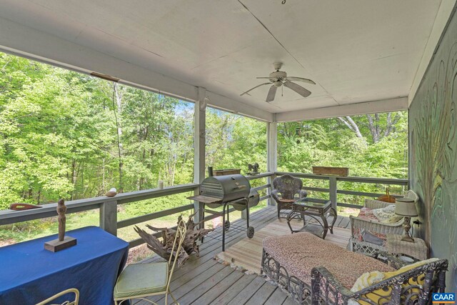 1842 Ed Jones Rd, Scottsville, VA 24590 - wooden terrace with ceiling fan and area for grilling
