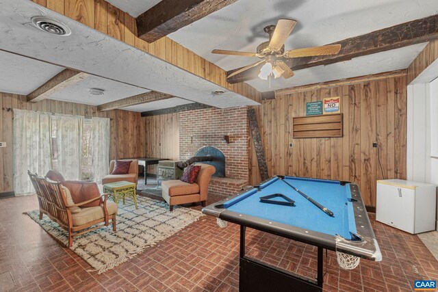 1842 Ed Jones Rd, Scottsville, VA 24590 - playroom featuring wooden walls, brick patterned flooring, beamed ceiling, a ceiling fan, and pool table