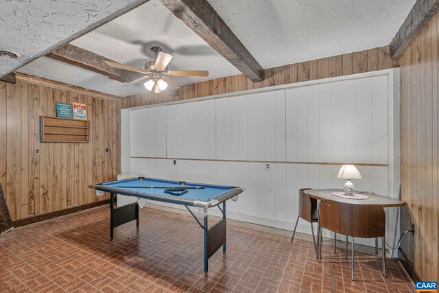 1842 Ed Jones Rd, Scottsville, VA 24590 - rec room with brick patterned floors, wood walls, pool table, ceiling fan, and beamed ceiling