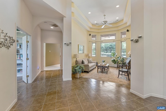 408 Kent Ln, Kents Store, VA 23084 - entryway featuring arched walkways, ceiling fan, recessed lighting, a high ceiling, and tile patterned flooring