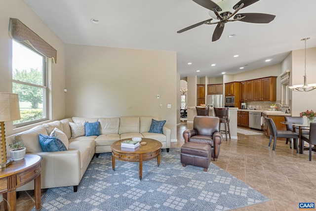 408 Kent Ln, Kents Store, VA 23084 - living room featuring ceiling fan, recessed lighting, light tile patterned floors, and a chandelier