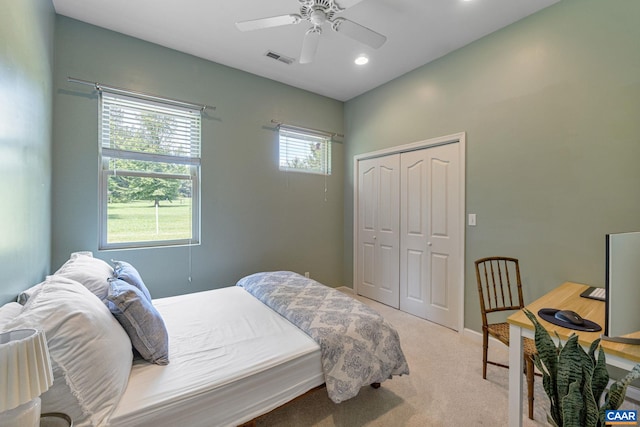 408 Kent Ln, Kents Store, VA 23084 - bedroom with light colored carpet, a closet, a ceiling fan, and recessed lighting
