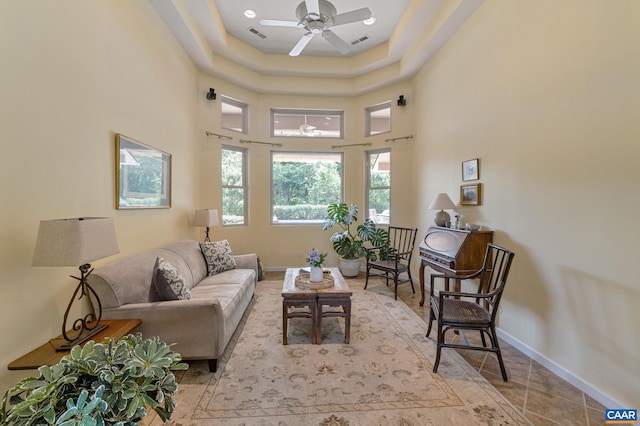 408 Kent Ln, Kents Store, VA 23084 - living room with a ceiling fan, a high ceiling, and tile patterned floors