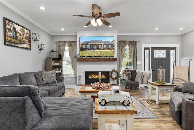 845 Forrest Dr, Stanley, VA 22851 - living area featuring wood finished floors, a fireplace, ceiling fan, and recessed lighting