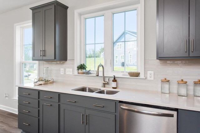2910 Rutlege Rd Unit 175, Rockingham, VA 22801 - kitchen featuring stainless steel dishwasher, a sink, gray cabinets, and tasteful backsplash