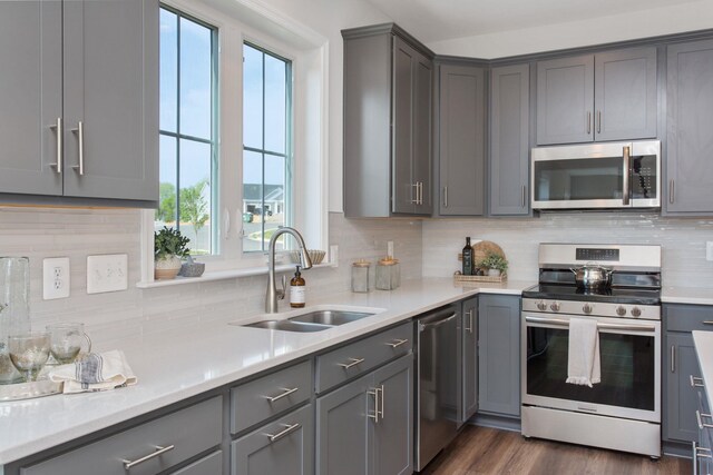 2910 Rutlege Rd Unit 175, Rockingham, VA 22801 - kitchen with stainless steel appliances, a sink, gray cabinets, and backsplash