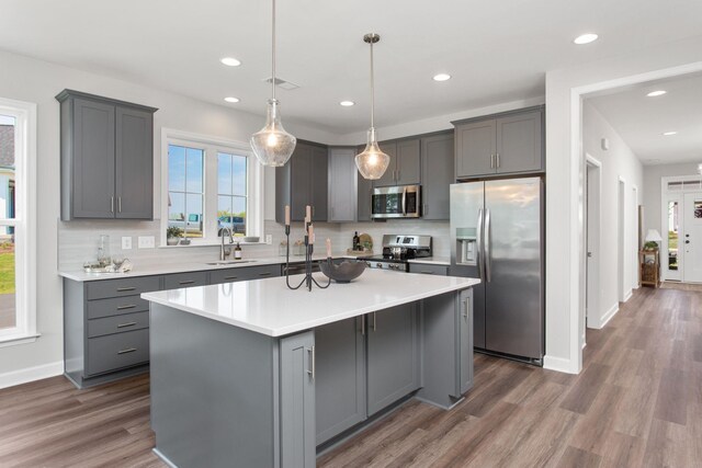 2910 Rutlege Rd Unit 175, Rockingham, VA 22801 - kitchen featuring stainless steel appliances, gray cabinetry, a sink, a center island, and recessed lighting