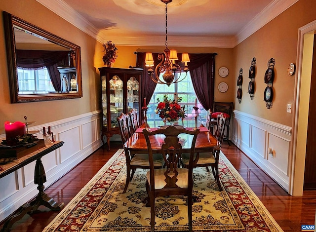 2 Forest Ct, Zion Crossroads, VA 22942 - dining space with healthy amount of natural light, a chandelier, dark wood-style flooring, wainscoting, and a decorative wall