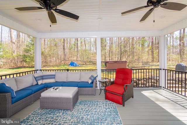 11523 Red Rock Ln, Bumpass, VA 23024 - wooden deck with ceiling fan and outdoor lounge area