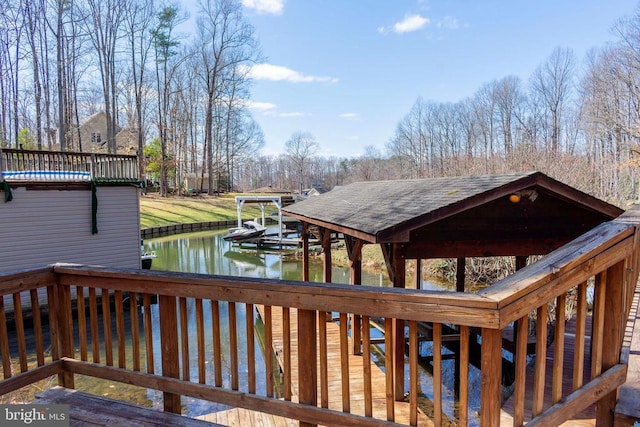 11523 Red Rock Ln, Bumpass, VA 23024 - wooden terrace featuring a water view and a boat dock