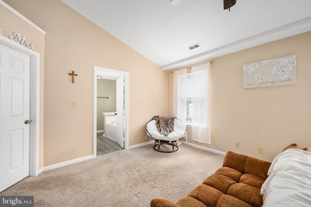 13104 Willow Point Dr, Fredericksburg, VA 22408 - living area featuring vaulted ceiling, carpet floors, baseboards, and ceiling fan