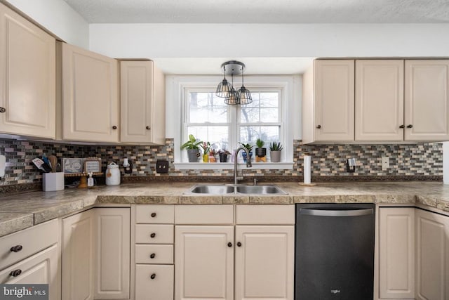 13104 Willow Point Dr, Fredericksburg, VA 22408 - kitchen with dishwashing machine, a sink, tasteful backsplash, and cream cabinetry