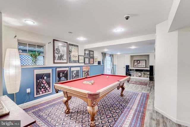 recreation room with baseboards, wood finished floors, billiards table, and recessed lighting