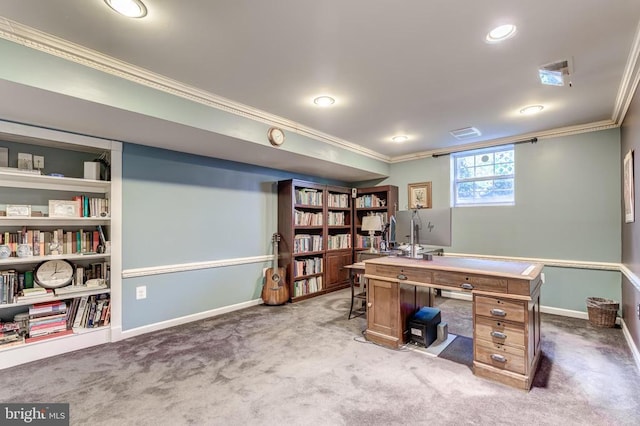 carpeted office space with crown molding, baseboards, and recessed lighting
