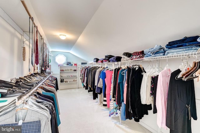 spacious closet with carpet and lofted ceiling