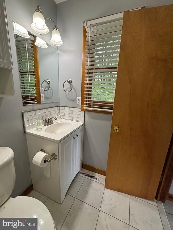 453 Lost Valley Rd, Madison, VA 22727 - bathroom featuring vanity, toilet, backsplash, and baseboards