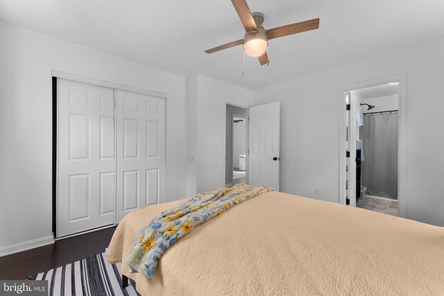 13179 Scotts Mill Rd, Culpeper, VA 22701 - bedroom featuring a closet, ensuite bathroom, ceiling fan, dark wood-type flooring, and baseboards