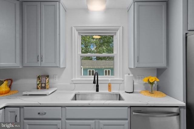 13179 Scotts Mill Rd, Culpeper, VA 22701 - kitchen with dishwasher, a sink, gray cabinetry, and light stone countertops