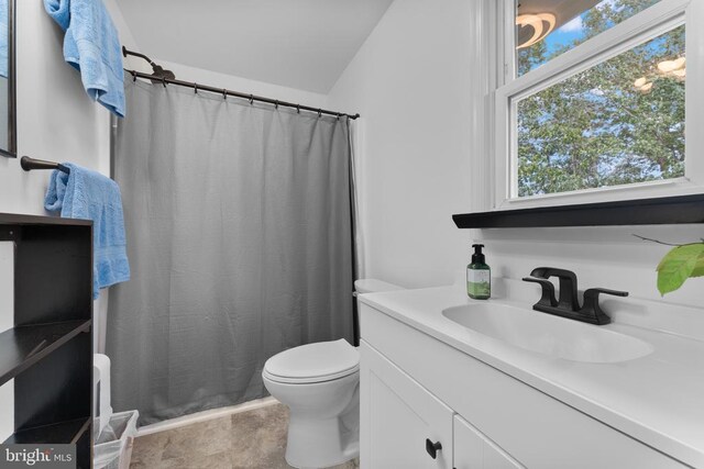 13179 Scotts Mill Rd, Culpeper, VA 22701 - bathroom with vanity, toilet, a shower with curtain, and vaulted ceiling