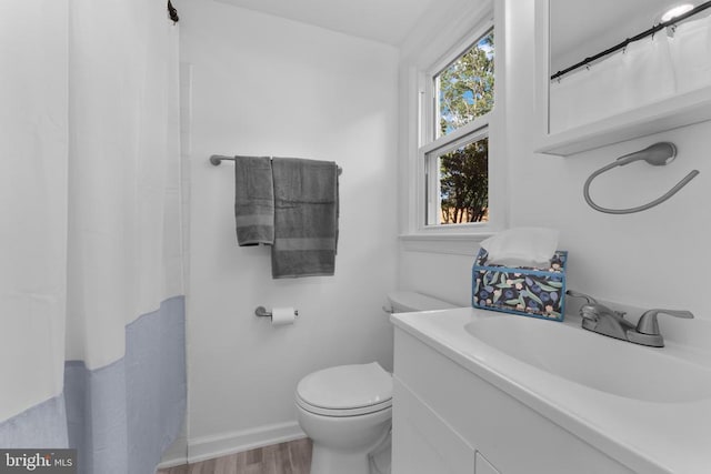 13179 Scotts Mill Rd, Culpeper, VA 22701 - full bathroom featuring toilet, vanity, wood finished floors, curtained shower, and baseboards