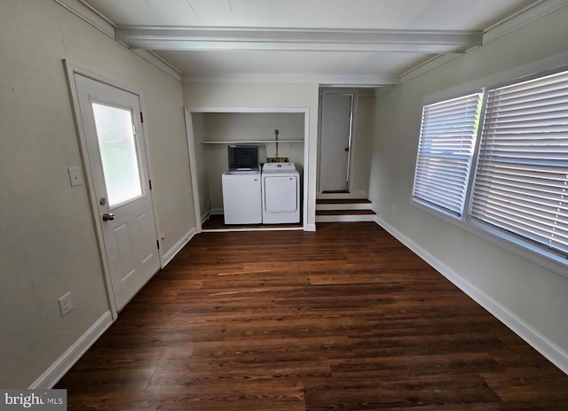 5507 Peters Ln, Fredericksburg, VA 22407 - clothes washing area with plenty of natural light, separate washer and dryer, dark wood-style floors, and baseboards