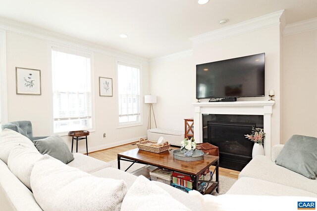 living room featuring baseboards, a fireplace with flush hearth, light wood finished floors, and crown molding
