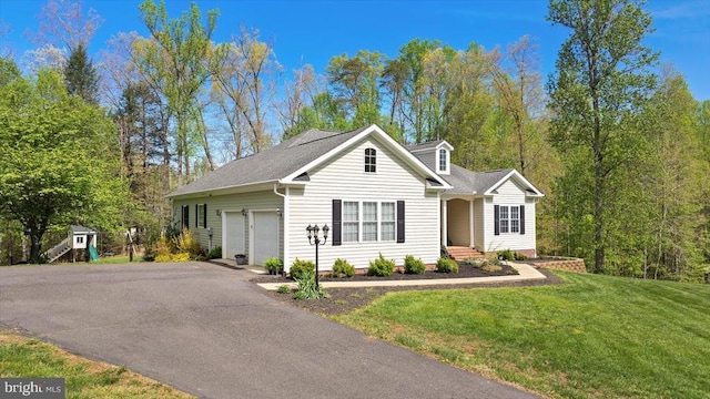 279 Carriage Ln, Madison, VA 22727 - ranch-style house with driveway, a garage, a front yard, and roof with shingles