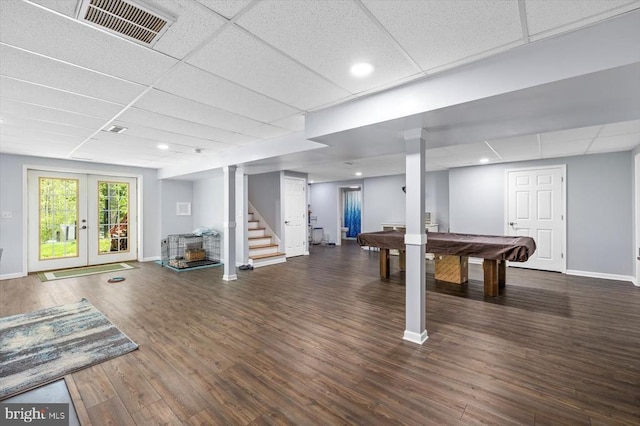 279 Carriage Ln, Madison, VA 22727 - game room with a paneled ceiling, pool table, baseboards, wood finished floors, and french doors