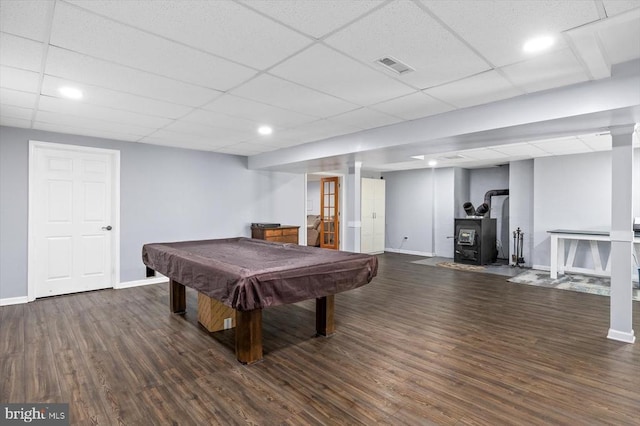 279 Carriage Ln, Madison, VA 22727 - playroom featuring dark wood-style flooring, a drop ceiling, baseboards, a wood stove, and billiards