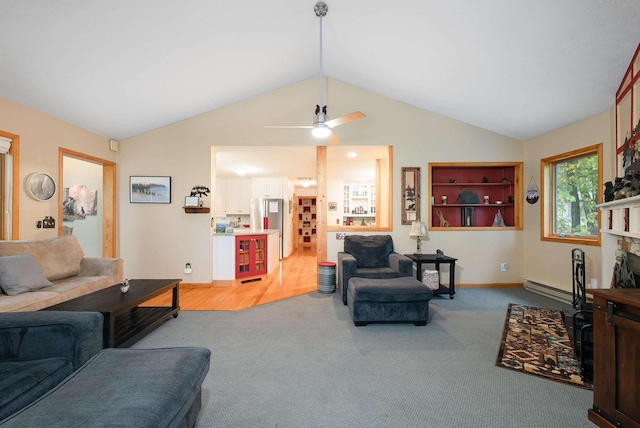 carpeted living room with lofted ceiling, a fireplace, ceiling fan, and baseboard heating