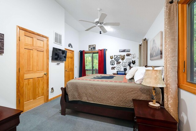 bedroom featuring vaulted ceiling, carpet, and ceiling fan