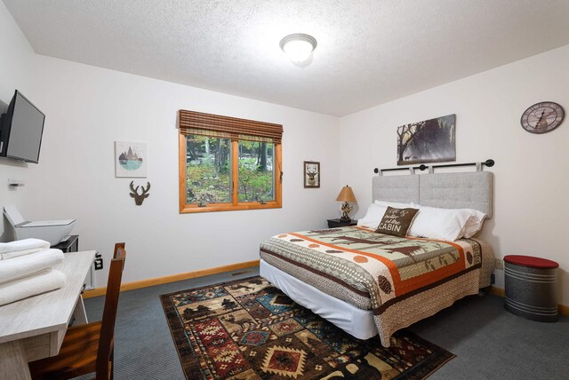 carpeted bedroom with a textured ceiling