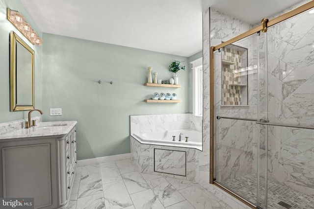 7345 Iron Bit Dr, Warrenton, VA 20186 - bathroom with a garden tub, vanity, baseboards, and a marble finish shower