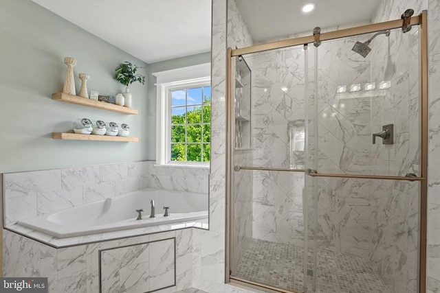 7345 Iron Bit Dr, Warrenton, VA 20186 - bathroom featuring a garden tub and a marble finish shower