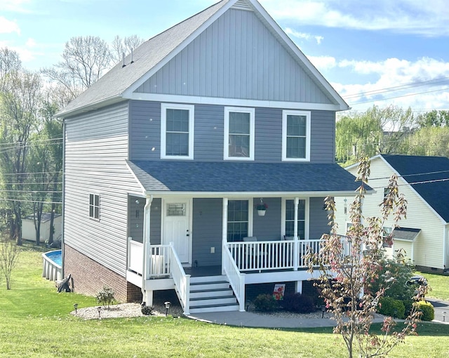 7 Rolla Mill Rd, Verona, VA 24482 - view of front of home featuring a porch, a front yard, roof with shingles, and board and batten siding