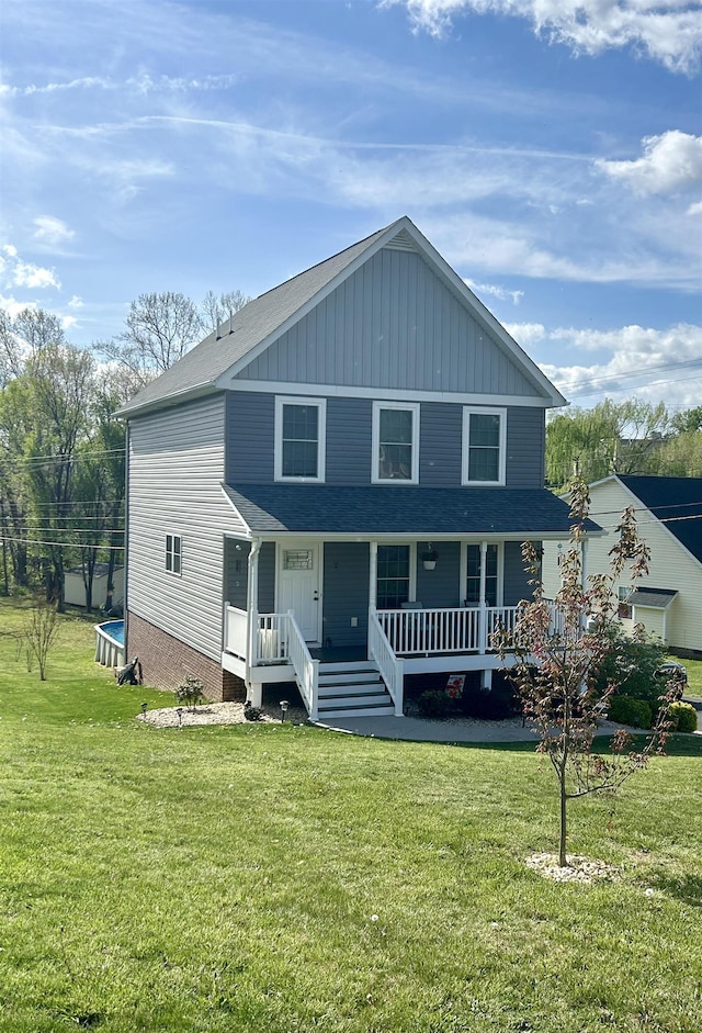 7 Rolla Mill Rd, Verona, VA 24482 - view of front of home featuring covered porch, a front lawn, and board and batten siding