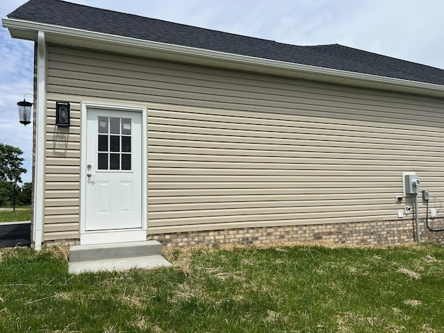79 Meriwether Cir, Stuarts Draft, VA 24477 - doorway to property featuring roof with shingles and a lawn