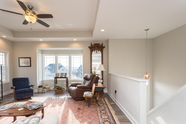 123 Beauregard Dr, Staunton, VA 24401 - living room with wood finished floors, recessed lighting, a ceiling fan, and a raised ceiling