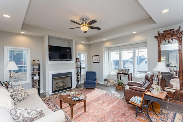 123 Beauregard Dr, Staunton, VA 24401 - living area with a ceiling fan, a fireplace, recessed lighting, wood finished floors, and a raised ceiling