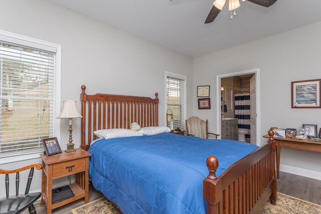123 Beauregard Dr, Staunton, VA 24401 - bedroom with multiple windows, wood finished floors, connected bathroom, and ceiling fan