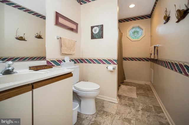106 Tallwood Trl, Locust Grove, VA 22508 - bathroom with stone tile flooring, vanity, a shower with shower curtain, and recessed lighting