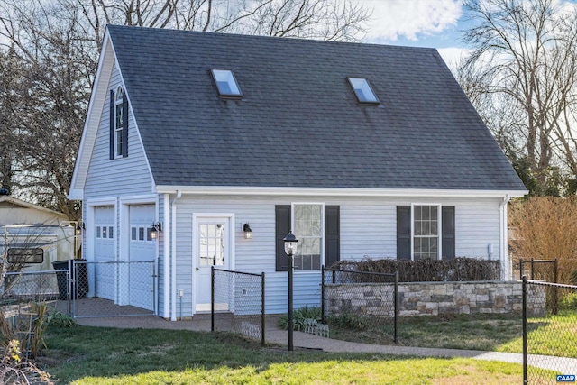 cape cod home featuring a gate, an attached garage, a fenced front yard, cooling unit, and a shingled roof