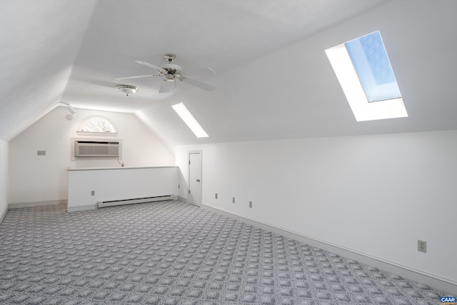 bonus room featuring carpet, lofted ceiling with skylight, ceiling fan, a baseboard radiator, and an AC wall unit