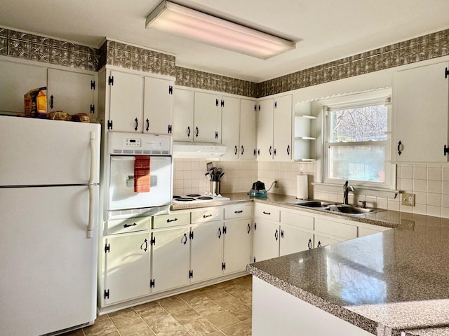 8127 Briery Branch Rd, Dayton, VA 22821 - kitchen with white appliances, decorative backsplash, open shelves, and a sink